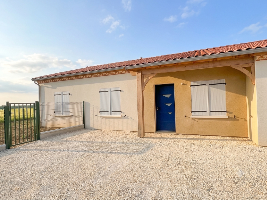 Façade d'une maison neuve crepi, devant sol en calcaire les artigues de lussac 33570, maison direct propriétaire, zéro frais d'agence.